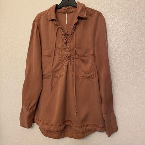 Free People Under Your Spell 100% Tencel orange long sleeve lace up blouse Top L - Picture 2 of 13